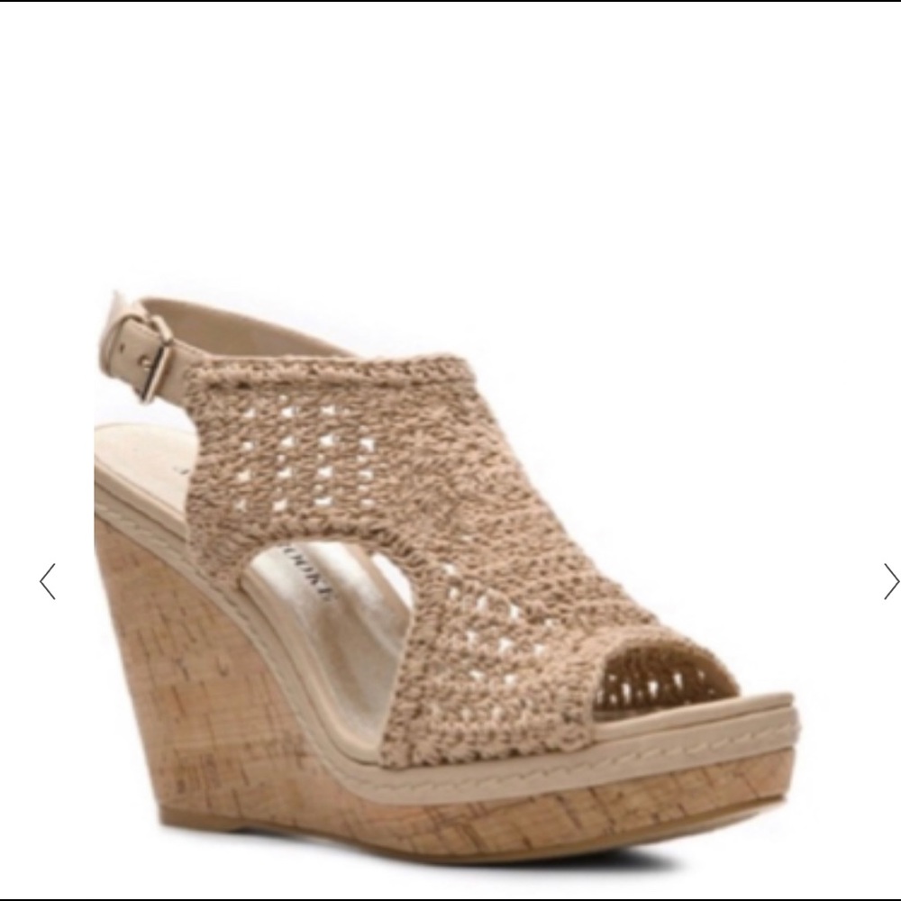 Audrey Brooke crochet cork wedge sandals